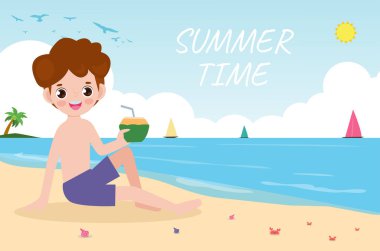 Yaz zamanı afiş şablonu, sahilde hindistan cevizi yiyen adam, yaz mevsimi, deniz kıyısında çocukları rahatlatmak, deniz kenarında dinlenme zamanı, arka plan vektör ilülasyonu üzerine tatil düz çizgi filmi.