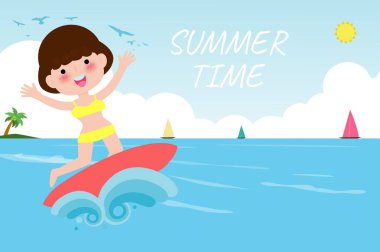 Yaz zamanı afiş şablonu, sevimli sörfçü insanlar sörf tahtası ve okyanus dalgası üzerinde sörf yapan karakterler. Tepe dalgasındaki mutlu genç sörfçü, arka planda izole edilmiş düz vektör çizimi.