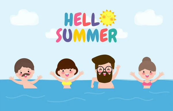 Hello Summer Banner Template People Swimming Waves Group Person Happy — стоковый вектор