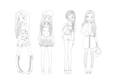 dört el çizilmiş güzel güzel kızlar, Mutlu genç kız karikatür koleksiyonu beyaz arka plan vektör çizimine izole edilmiş kadınlar.