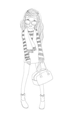 Güzel şirin kızlar el çizimi, Mutlu genç kız çizgi film karalama koleksiyonu beyaz arka plan çizimi üzerine izole edilmiş kadınlar.