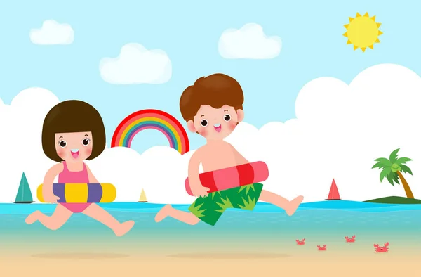 Crianças Felizes Roupas Natação Com Brinquedos Infláveis Praia Crianças Com — Vetor de Stock