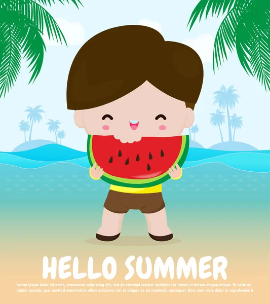 Hello Summer Time Banner Template Cute Little Kids Gospodarstwa Arbuz — Wektor stockowy