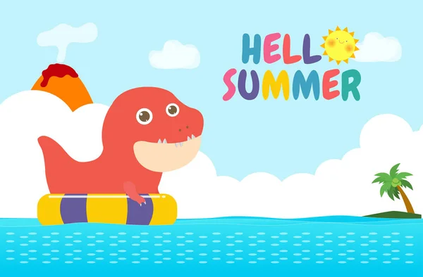 Hello Summer Banner Template Cute Dinosaur Baby Swimming Rubber Ring — Stock Vector