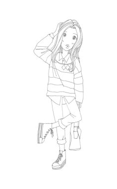 Güzel güzel kızlar el çizimi, Mutlu genç kız çizgi film karikatürü kadınlar beyaz arka plan çizimi izole