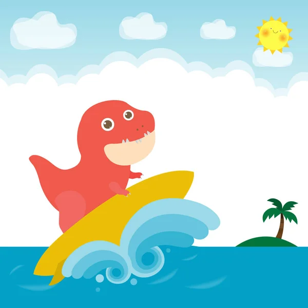 Summer Time Banner Template Cute Surfer Dinosaur Character Surfboard Sea — Stock Vector