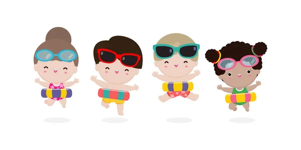Summer Time Boldog Csoport Gyerekek Úszás Ruhák Felfújható Játékok Gyerekek — Stock Vector