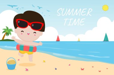 Yaz zamanı, kumsalda şişme oyuncaklarla yüzen mutlu çocuklar yüzmeye atlayan şişme şamandıralı çocuklar arka planda izole edilmiş yüzer vaziyette yüzer vaziyette yüzer vaziyette duran çocuk.