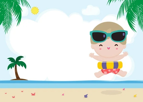 Hora Verão Crianças Felizes Roupa Natação Com Brinquedos Infláveis Praia — Vetor de Stock