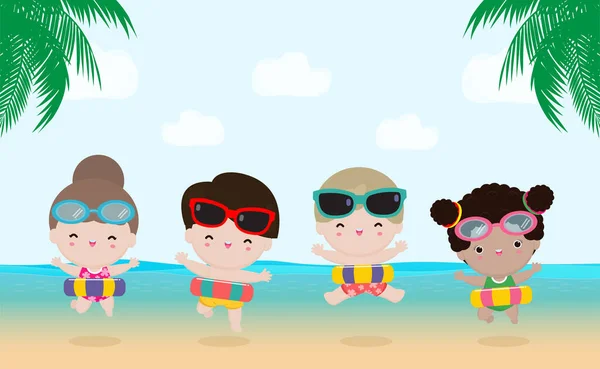 Sommerzeit Fröhliche Kinder Badekleidung Mit Aufblasbarem Spielzeug Strand Kinder Mit — Stockvektor
