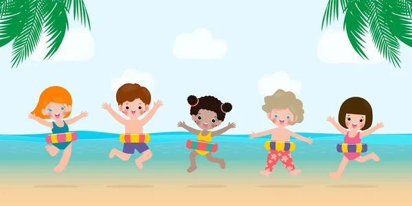 Летнее Время Счастливая Группа Детей Купальной Одежде Надувными Игрушками Пляже — стоковый вектор