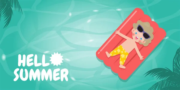 こんにちは夏のテンプレートバナー 子供は夏の時間のトップビューで海でインフレータブルに浮かんでリラックスします 広告パンフレットのためのフラット漫画の背景ベクトル図 — ストックベクタ