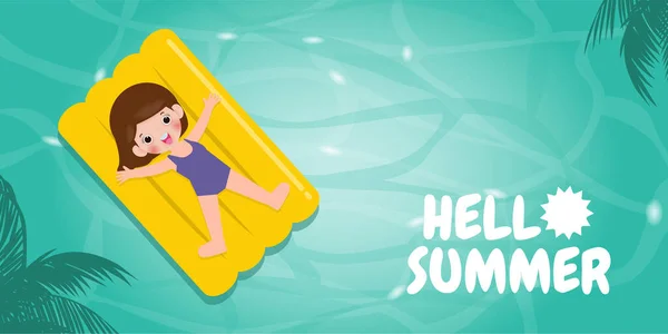 Hello Summer Template Banner Kid Relaxing Floating Inflatable Sea Summer — стоковый вектор