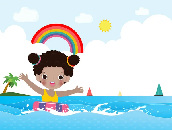 Hallo Sommer Banner Vorlage Von Nette Kinder Schwimmen Und Gummiring — Stockvektor