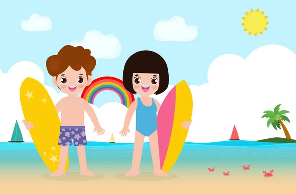 Hola Plantilla Banner Verano Lindo Personaje Infantil Surfista Con Tabla — Archivo Imágenes Vectoriales