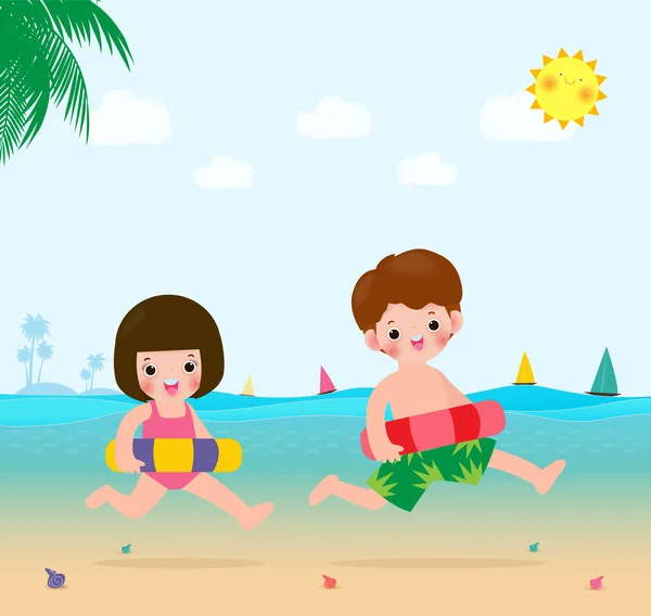 Летний Баннер Счастливых Детей Купальной Одежде Надувными Игрушками Пляже Детей — стоковый вектор