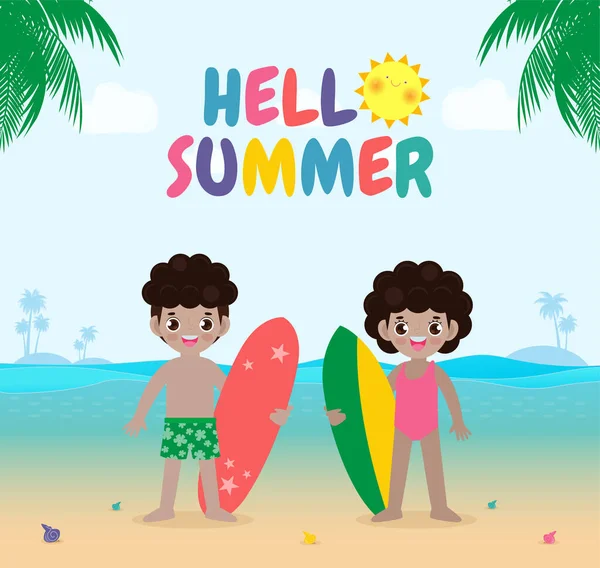 Γεια Σας Καλοκαίρι Πρότυπο Πανό Και Χαριτωμένο Χαρακτήρα Surfer Παιδιά — Διανυσματικό Αρχείο