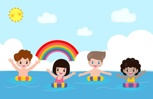 Estate Banner Modello Bambini Svegli Nuoto Anello Gomma Nel Mare — Vettoriale Stock