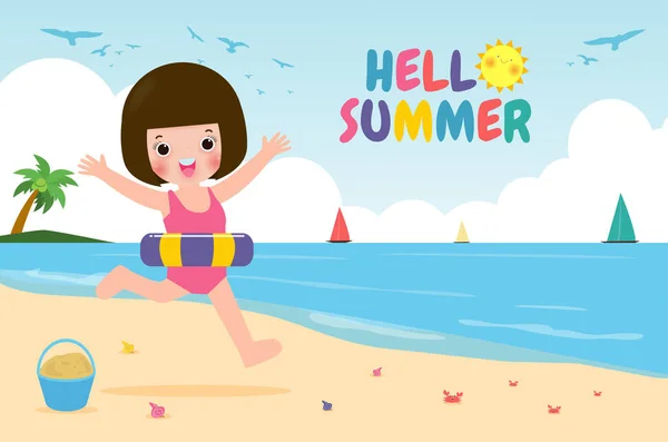 Hello Summer Happy Kids Swimming Clothes Nadmuchiwane Zabawki Plaży Dzieci — Wektor stockowy