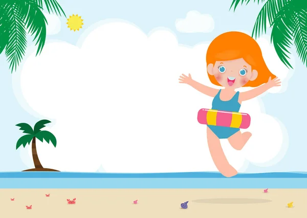 Olá Verão Crianças Felizes Roupas Natação Com Brinquedos Infláveis Praia — Vetor de Stock