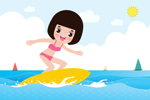 Olá Bandeira Verão Modelo Bonito Surfista Criança Personagem Com Prancha — Vetor de Stock