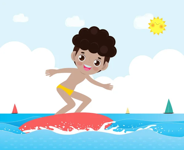 Hallo Sommer Banner Vorlage Niedlichen Surfer Kind Charakter Mit Surfbrett — Stockvektor