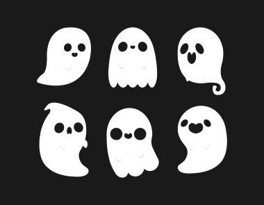 Küçük şirin hayalet koleksiyonu, Mutlu Cadılar Bayramı Düz Cadılar Bayramı korkunç canavarlar seti. Çizgi film ürkütücü karakter numarası ya da beyaz arkaplan vektörü illüstrasyonunda izole edilmiş tedavi.