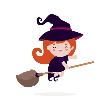 Süpürgede uçan sevimli küçük cadı için mutlu Cadılar Bayramı. Cadılar Bayramı kostümlü kız çocuğu beyaz arka planda izole edilmiş, Cadılar Bayramı Parti Vektörü illüstrasyonu.