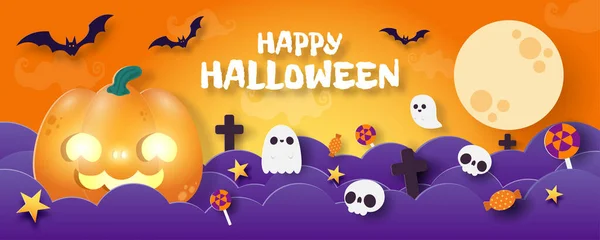 ハッピーハロウィンバナー紙カットスタイルの背景ベクトルイラスト 夜の雲やカボチャと楽しいパーティーのお祝いの招待状 販売促進ウェブとテキストのための場所 — ストックベクタ