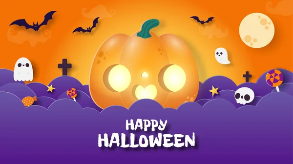 Happy Halloween Banner Papír Střih Styl Pozadí Vektorové Ilustrace Zábava — Stockový vektor