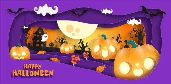 Happy Halloween Banner Papír Střih Styl Pozadí Vektorové Ilustrace Zábava — Stockový vektor