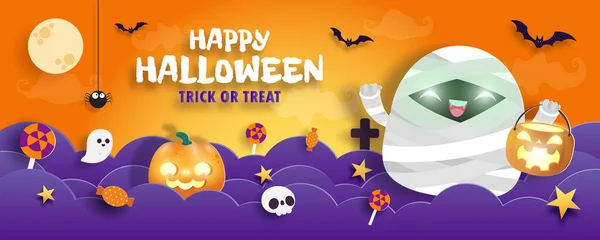 Happy Halloween Trick Treat Banner Paper Cut Style Background Installation — стоковый вектор
