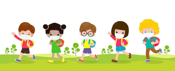 Back School New Normal Lifestyle Concept Group Pupils Walking School — Stock Vector