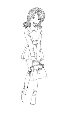 Güzel güzel kızlar el çizimi, Mutlu genç kız çizgi film karikatürü kadınlar beyaz arka plan çizimi izole