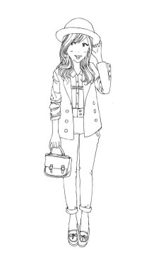 Güzel güzel kızlar el çizimi, Mutlu genç kız çizgi film karikatürü kadınlar beyaz arka plan çizimi izole