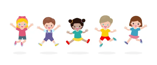 Niños Felices Saltando Bailando Parque Actividades Infantiles Niños Jugando Patio — Vector de stock