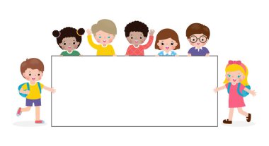 Boş işaret panosu, şirin küçük çocuklar ve büyük tahta, reklam broşürü şürü için şablon, beyaz arkaplan vektör illüstrasyonunda izole edilmiş metnin.