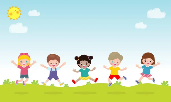 Gelukkige Kinderen Samen Springen Dansen Het Park Kinderactiviteiten Spelende Kinderen — Stockvector