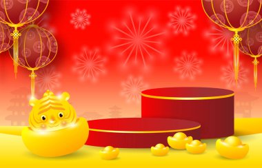 Asya temalı ürün podyumu altın kaplan illüstrasyon podyumu sahne arkası podyum ve kağıt sanatları Çin Yeni Yılı 2022, kaplan burcu kırmızı ve altın kaplan burcu yılı