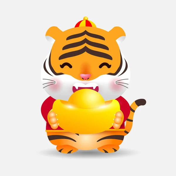 Cute Little Tiger Sosteniendo Lingotes Oro Chino Feliz Año Nuevo — Vector de stock