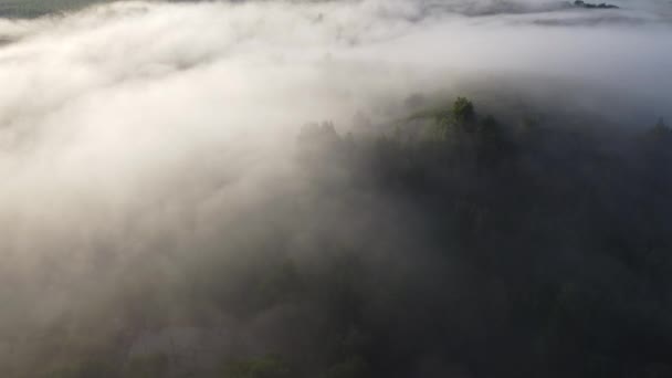 Nebeliger Morgen Vor Der Stadt Von Oben — Stockvideo