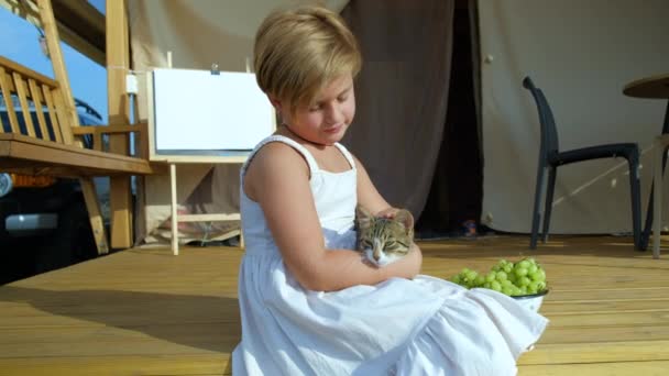 Uma Bela Menina Criança Senta Entrada Para Glamping Acaricia Gato — Vídeo de Stock