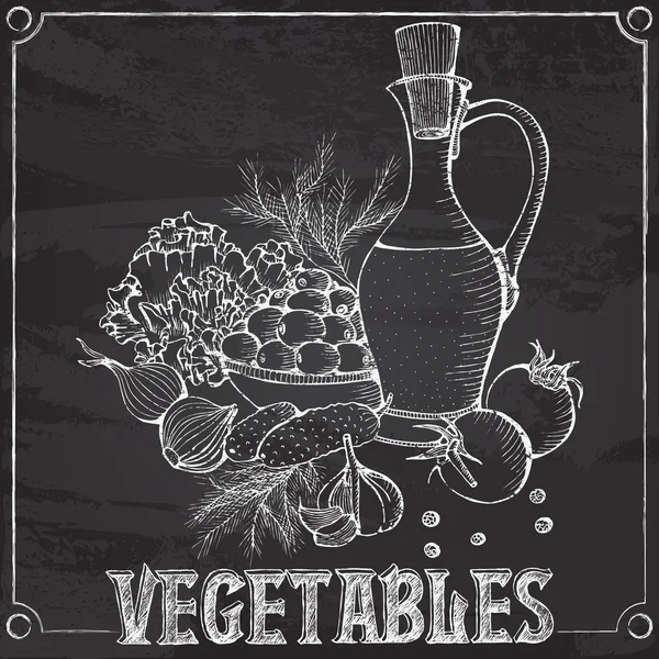 Craie vectorielle nature morte aux légumes et à l'huile — Image vectorielle