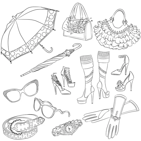 Un conjunto de accesorios de moda. Varios accesorios para mujer — Vector de stock