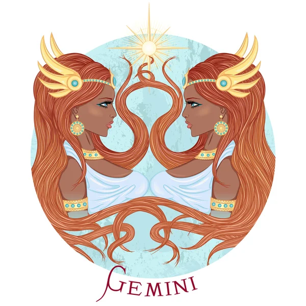 Signo astrológico de Géminis como una hermosa muchacha afroamericana — Vector de stock