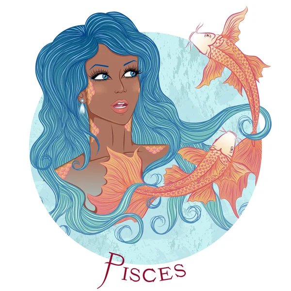 Signo astrológico de Piscis como una hermosa muchacha afroamericana — Vector de stock