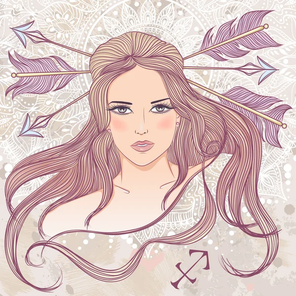 Astrologické znamení Střelce jako portrét krásnou dívku — Stockový vektor