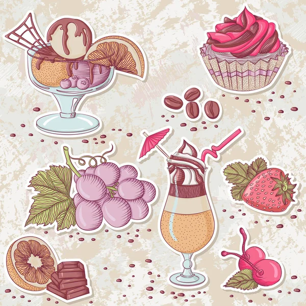 Lot d'autocollants avec desserts et boissons — Image vectorielle