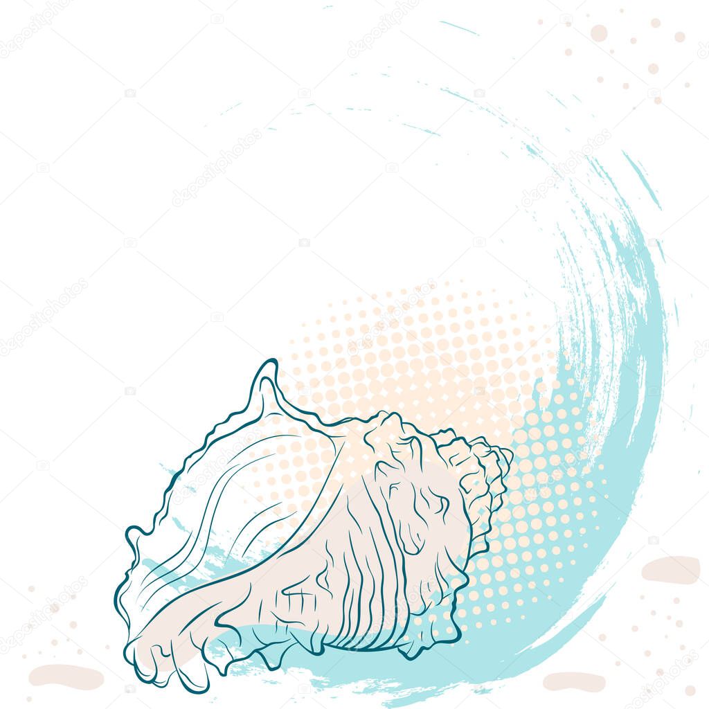 Spiral spiked seashell in line art style on grunge spotted background. Vector color hand drawn illustration with place for text. Elements for design seafood, decor, label, print, poster, t-shirt.