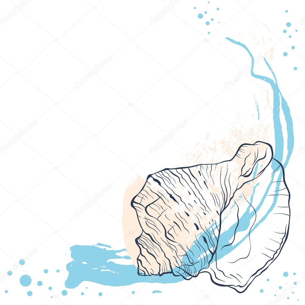 Spiral seashell in line art style on grunge spotted background. Vector color hand drawn illustration with place for text. Elements for design seafood shop or menu, decor, label, print, poster, t-shirt